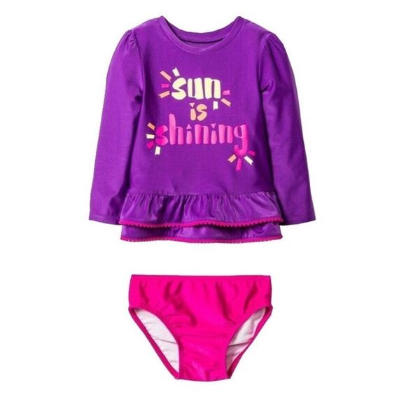 CAT & JACK Swimwear Little Girls Kids 9M Purple Rash Guard Sun Shining 2-Pc. Set - Picture 1 of 16